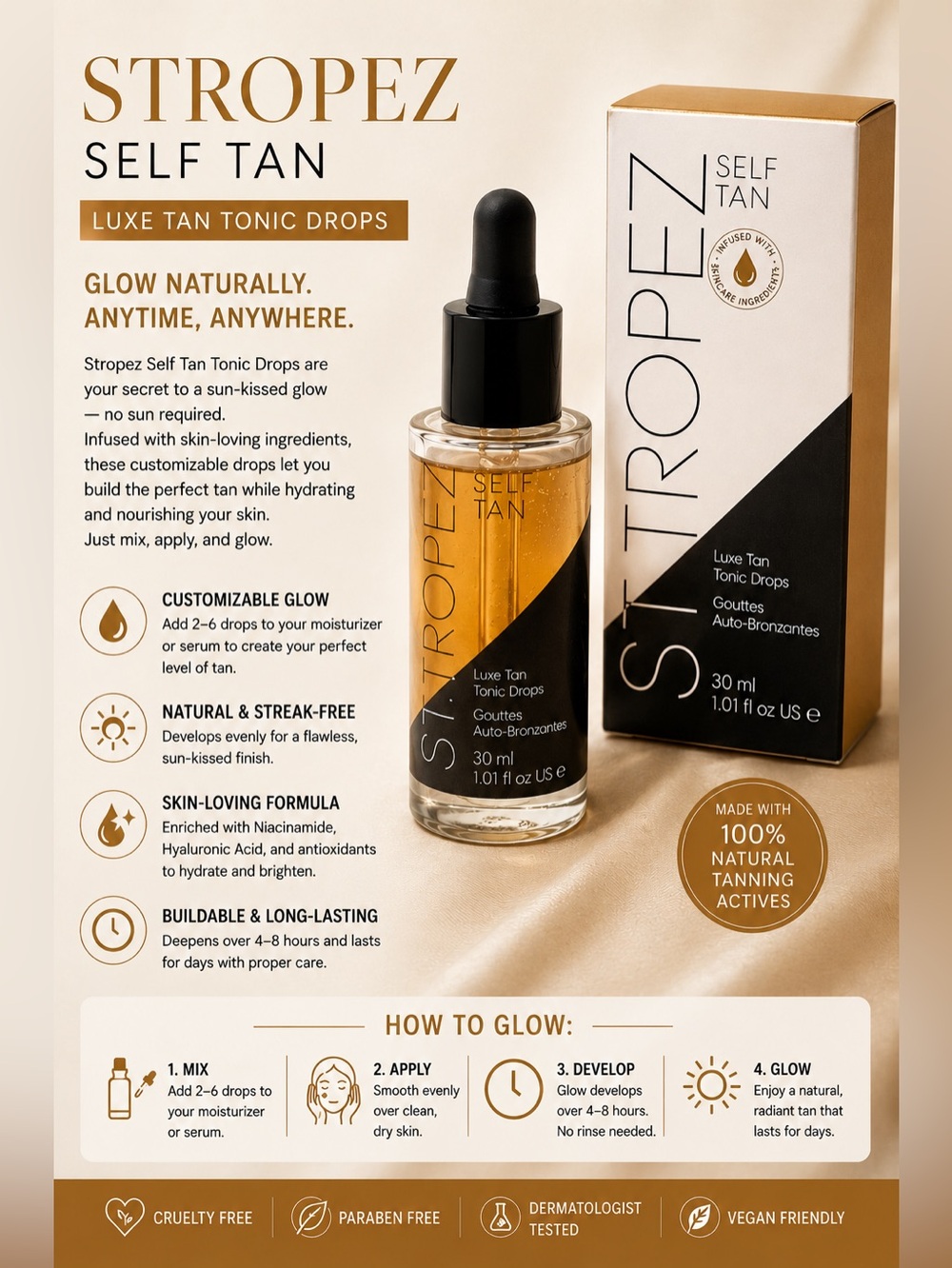 St. Tropez Luxe Tan Tonic Drops – Gold & Black Bottle